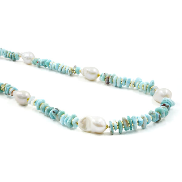 Collana con Larimar, perla barocca, ematite, chiusura in argento - Dorato