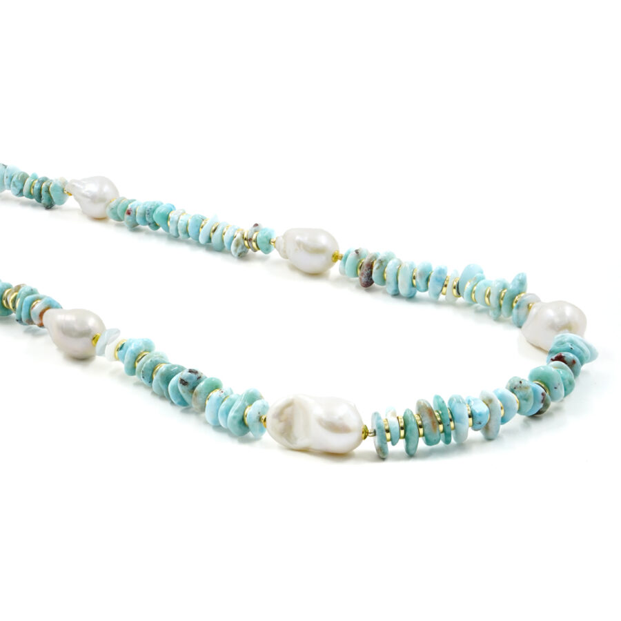 Collana con Larimar, perla barocca, ematite, chiusura in argento - Dorato