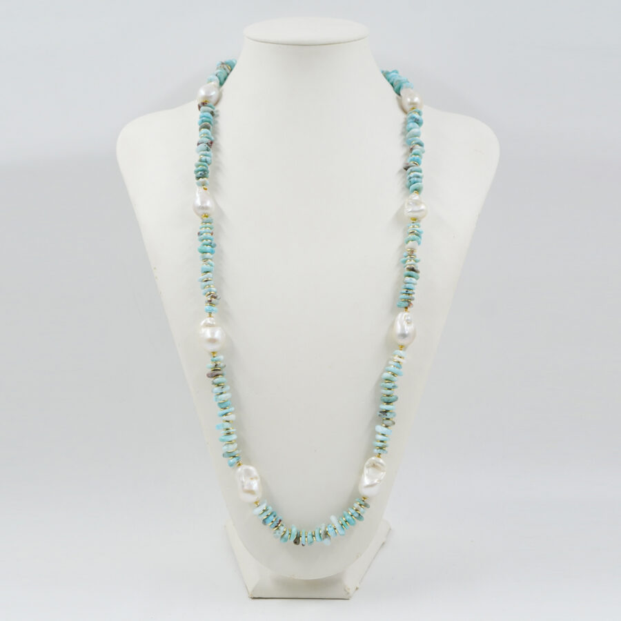 Collana con Larimar, perla barocca, ematite, chiusura in argento - Dorato - immagine 2