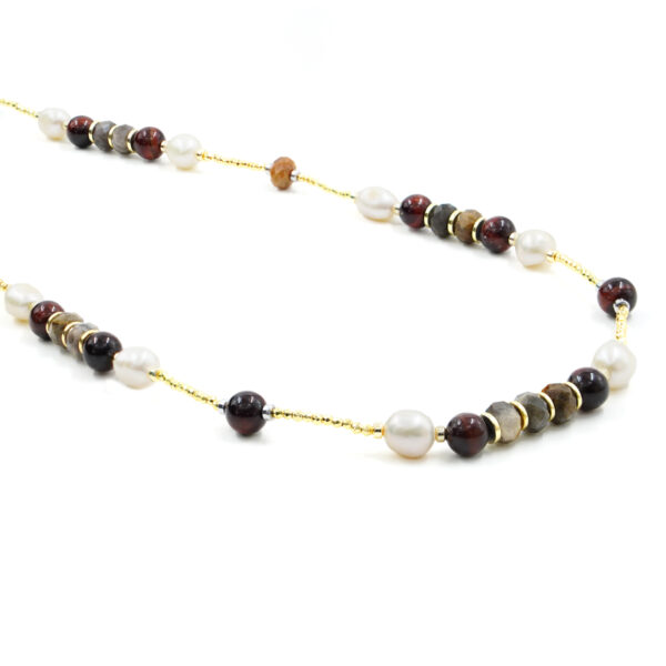 Collana in ematite, occhio di tigre, occhio d'aquila, perla, chiusura in argento rodiato - COL2557