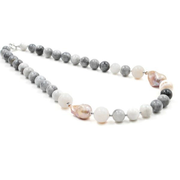 Collana in occhio d'aquila, perla, opale, chiusura in argento rodiato - COL2674