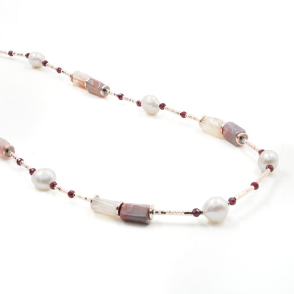 Collana in ematite, agata, granato, perla, chiusura in argento rosè - COL2676
