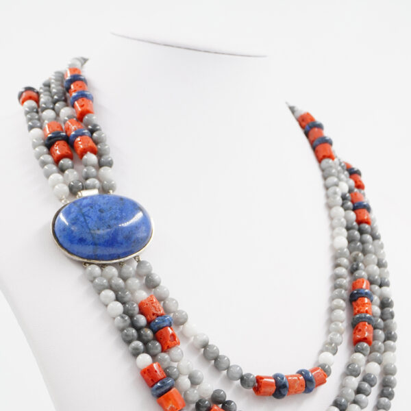 Collana in occhio d'aquila, corallo, chiusura argento rodiato - COL1700