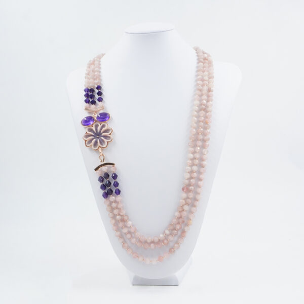 Collana in quarzo rosa, ametista, fiore pietra, chiusura argento rosè - COL1819