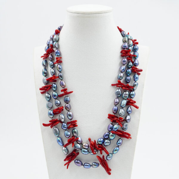 Collana in perle, corallo, chiusura in argento rodiato - COL2669