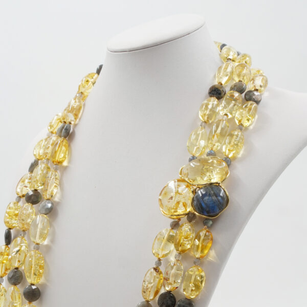 Collana in ambra, labradorite, chiusura argento dorato - COL2677