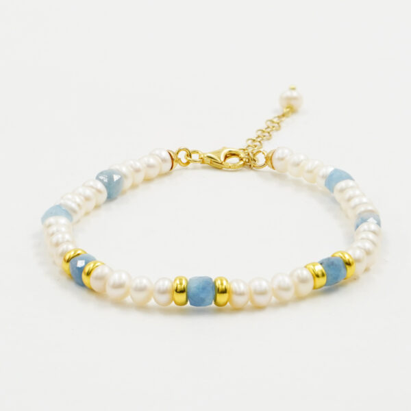 Bracciale in perle e acquamarina, chiusura argento dorata - BRA2417