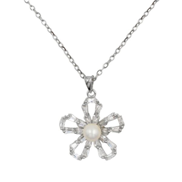 Collana Argento fiore con zirconi e perla - Rodiato - COL2709