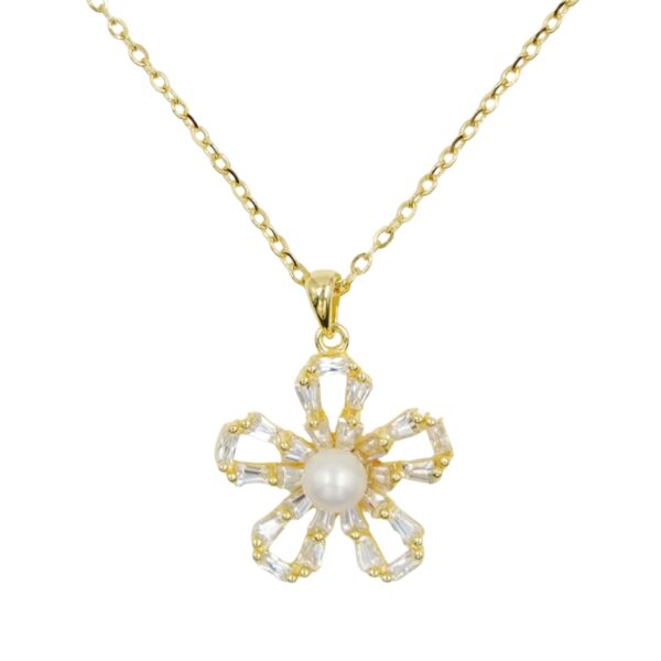Collana Argento fiore con zirconi e perla - Dorato - COL2710