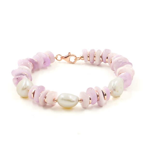Bracciale con Kunzite, perla d'acqua dolce, ematite, chiusura in argento – Rosè