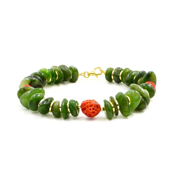 Bracciale giada, corallo, chiusura argento - BRA2426