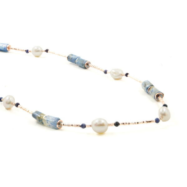Collana ematite, cianite, perla, chiusura argento - COL2775