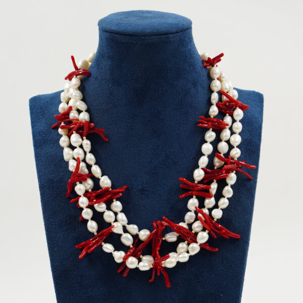 Collana perle, corallo, chiusura argento - COL2788
