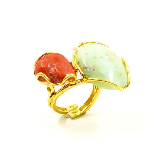 Anello Argento con corallo, crisoprasio – Dorato - AN905