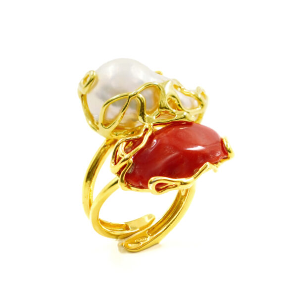 Anello Argento con corallo, perla - Dorato - AN915
