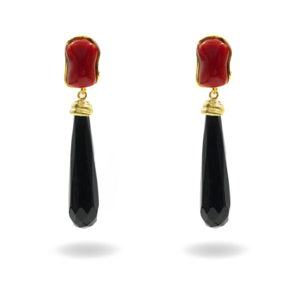 Orecchini Argento corallo, agata nera – Dorato - AOR1059