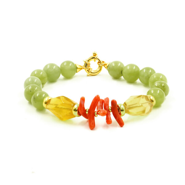 Bracciale giada, corallo, fluorite, chiusura argento - BRA2535