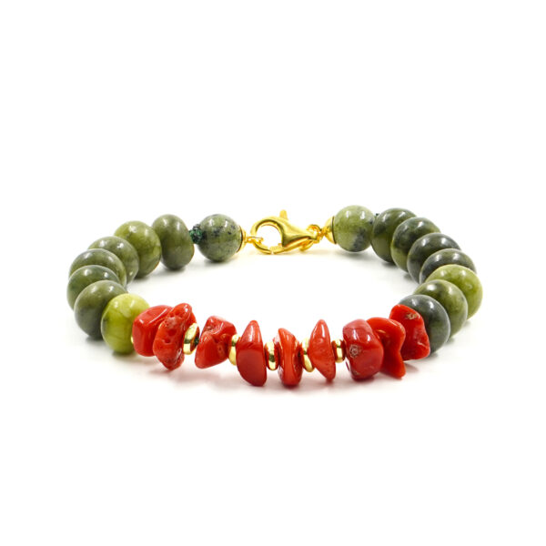 Bracciale giada, corallo chiusura argento - BRA2542