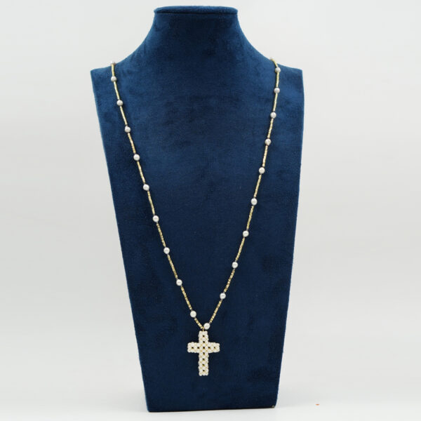 Collana ematite, perle, croce di perle, chiusura argento - COL2877