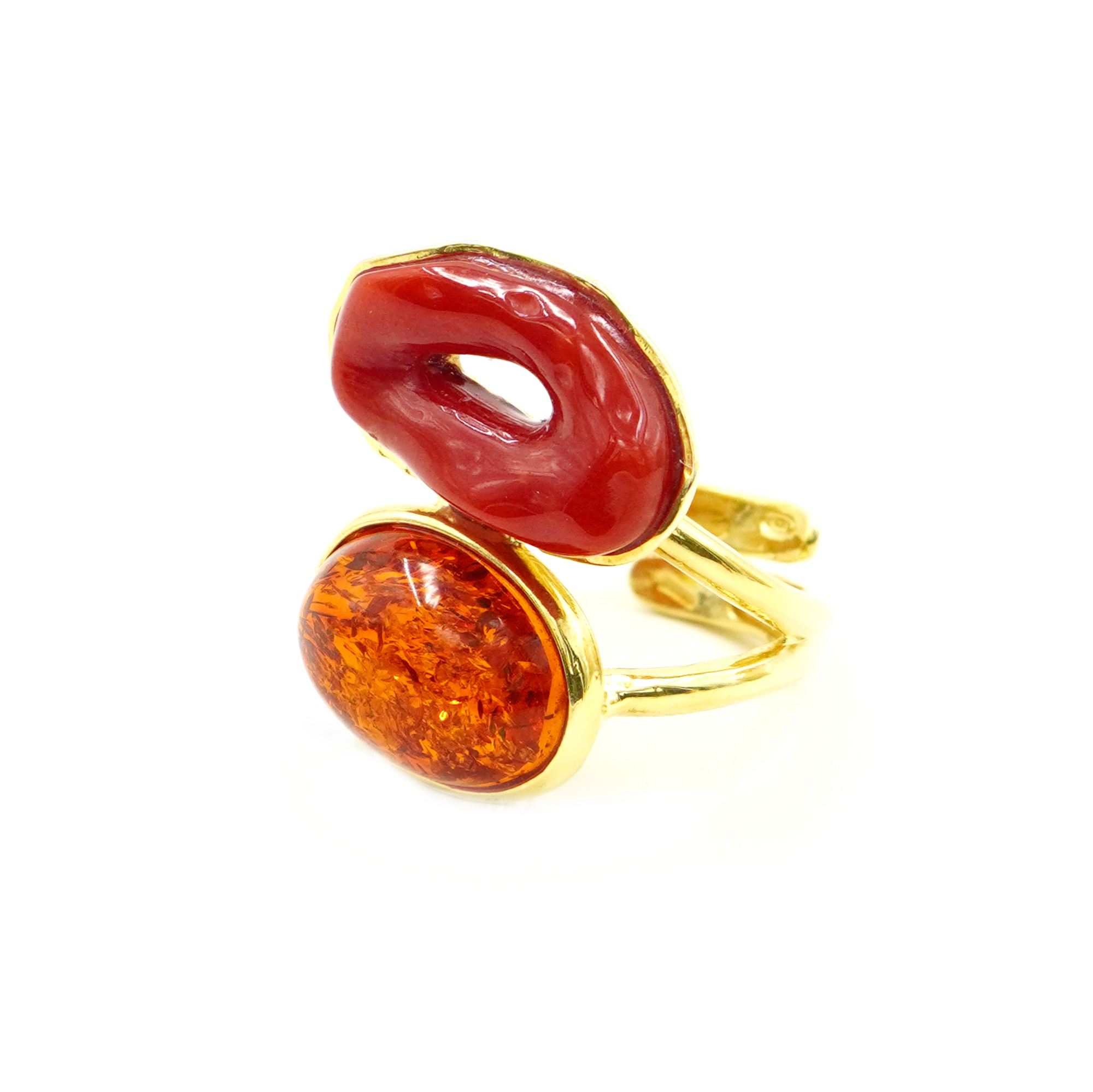 Anello argento corallo, ambra - Dorato - immagine 2