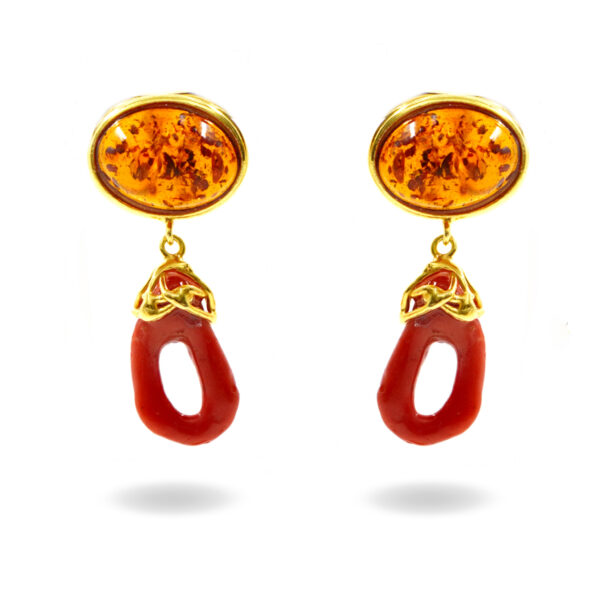 Orecchini argento corallo, ambra - Dorato