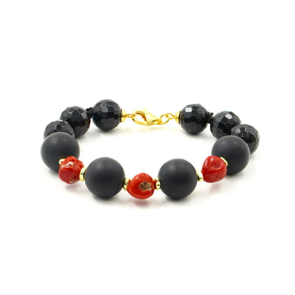 Bracciale agata nera, corallo, chiusura argento - BRA2557