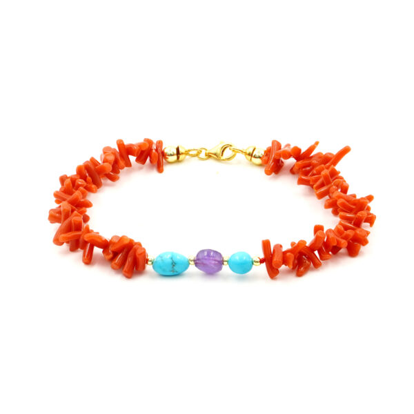 Bracciale corallo, turchese, ametista chiusura argento - BRA2562